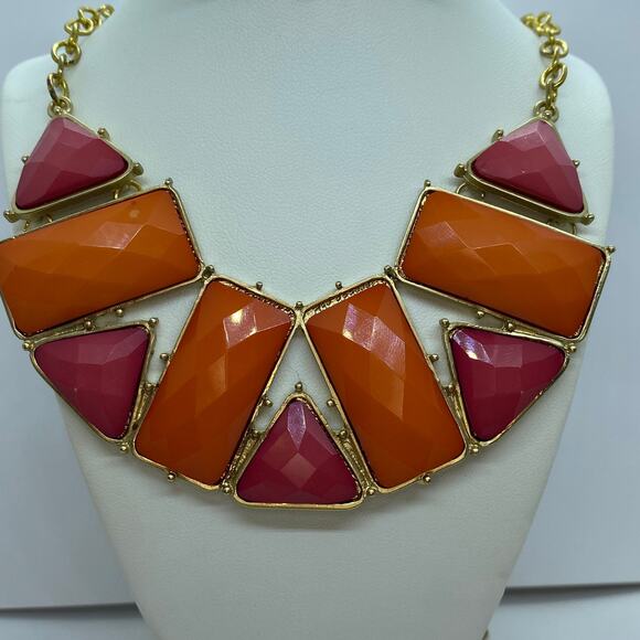 Gold-Tone Pink Orange Pendant Statement Necklace - Picture 2 of 8